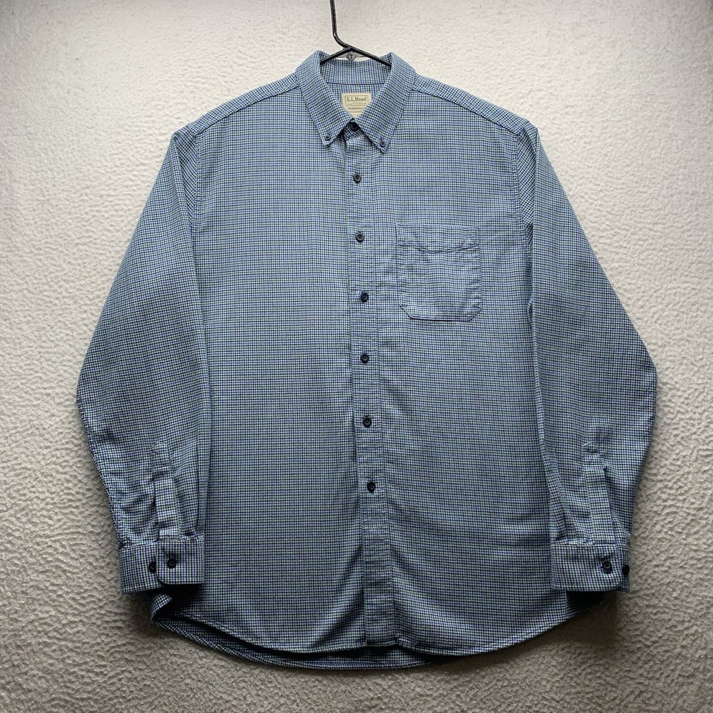 VTG L.L. Bean Flannel Shirt Mens Large L Blue Green Houndstooth Gingham Soft Dad